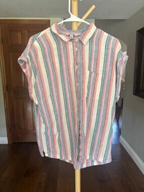 Orvis Classic Collection Multicolor Stripe Linen Blend SS Button Down Shirt M
